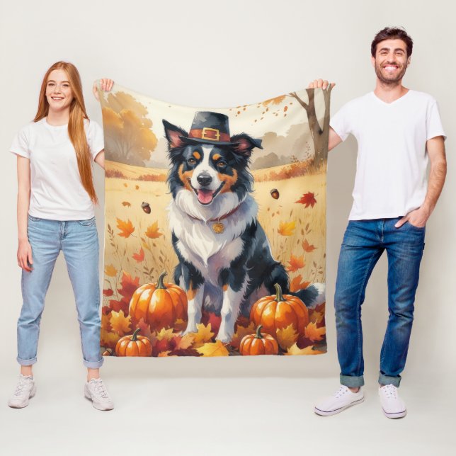 Border Collie i höstlöv tackgivande konst Fleecefilt (På plats)