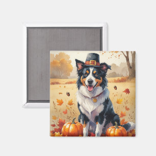 Border Collie i höstlöv tackgivande konst Magnet