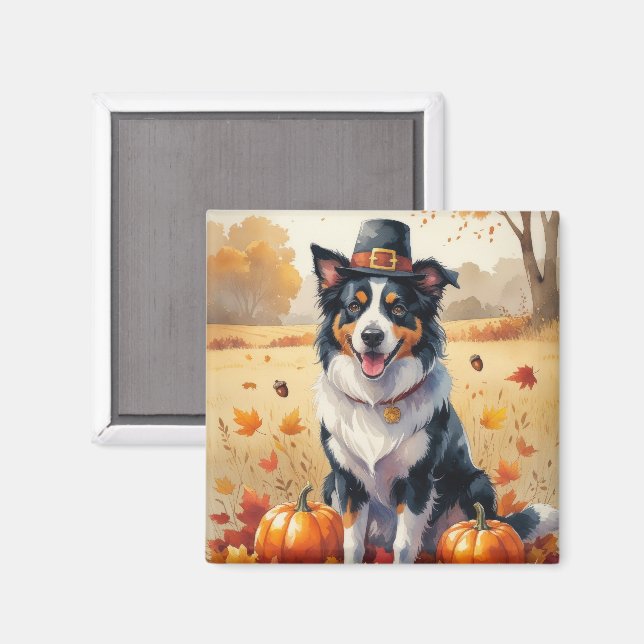 Border Collie i höstlöv tackgivande konst Magnet (Front/Back)