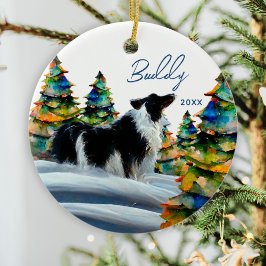 Border Collie i vinter snö skog julgran Julgransprydnad Keramik