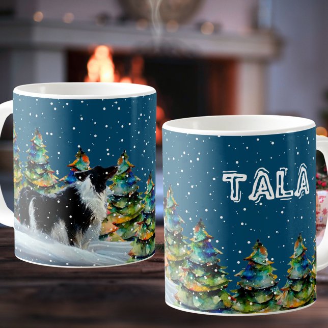 Border Collie i vinter snö skog julgran Kaffemugg (Skapare uppladdad)