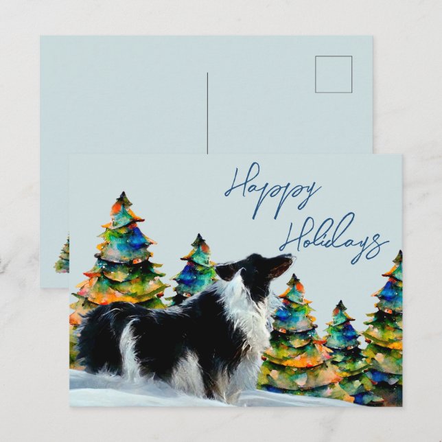 Border Collie i vintersnö julgran Helg Vykort (Fram/baksida)