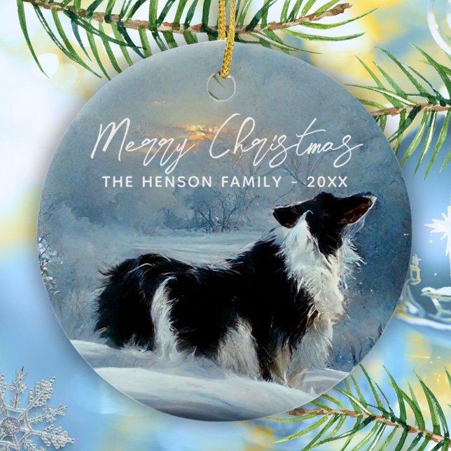 Border Collie i vintersnö julhelg  Julgransprydnad Keramik (Skapare uppladdad)