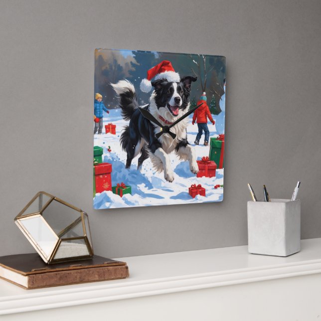 Border Collie Jul Festiv Snö Scen Fyrkantig Klocka (Kontor)