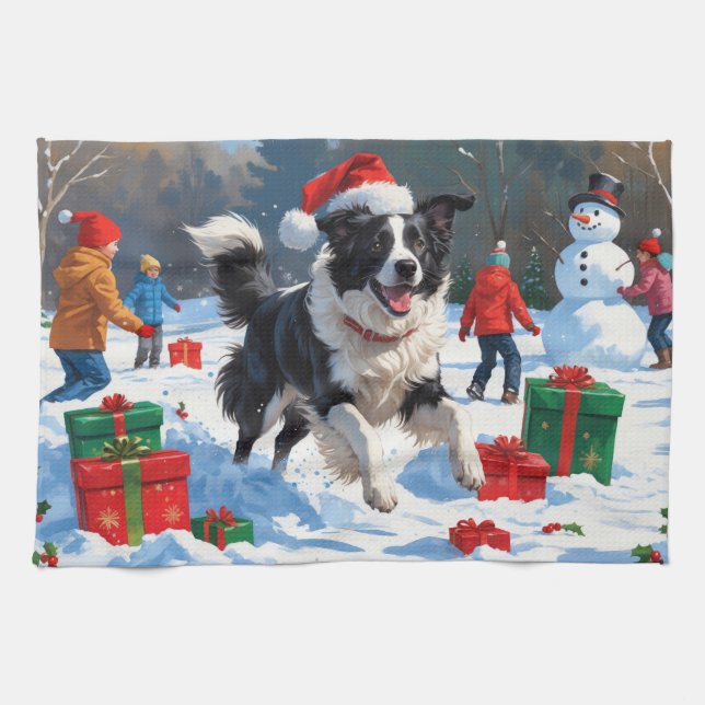 Border Collie Jul Festiv Snö Scen Kökshandduk (Horisontell)