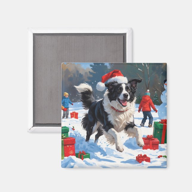 Border Collie Jul Festiv Snö Scen Magnet (Front/Back)