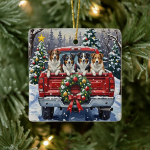 Border Collie Jul Röda Lastbil Holiday Julgransprydnad Keramik