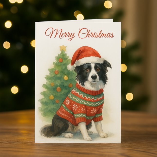 Border Collie jul Santa mössa & träd Helgkort (A perfect Christmas card for "Border Collie " dog lovers. )