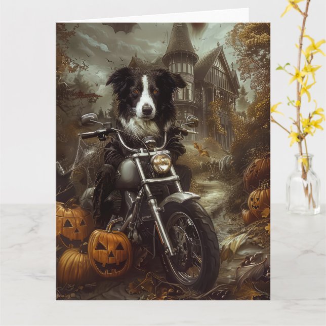 Border Collie Kör Motorcykel Halloween Skräckinjag Kort (Gul blomma)