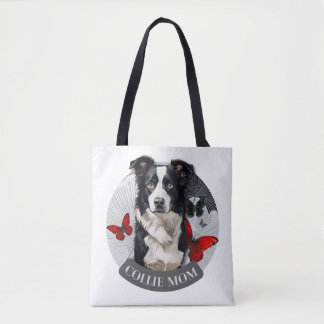 Border Collie Mamma Tote Väska-Röd Fjäril Hundälsk Tygkasse