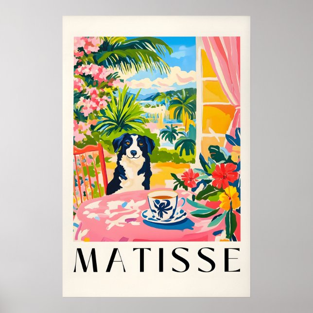 Border Collie Matisse Print Rolig Hund & Kaffe Poster (Framsidan)
