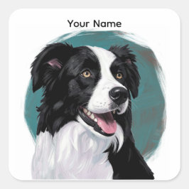 Border Collie med akvamarin bakgrund Anpassad text Fyrkantigt Klistermärke