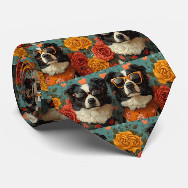 Border Collie Med Hjärtrosor Alla Hjärtans Dag Slips (Rullad)