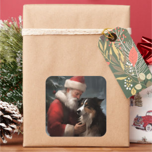 Border Collie Med Tomte Festiv Jul Fyrkantigt Klistermärke