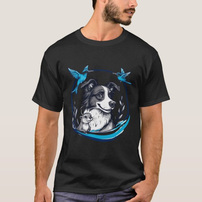 Border Collie med utter och blå fåglar T Shirt (Framsida)