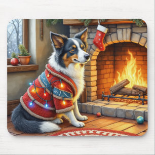Border Collie Öppen Spis med Julbelysning Musmatta