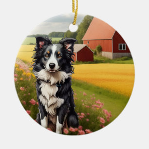 Border Collie på gård Julgransprydnad Keramik