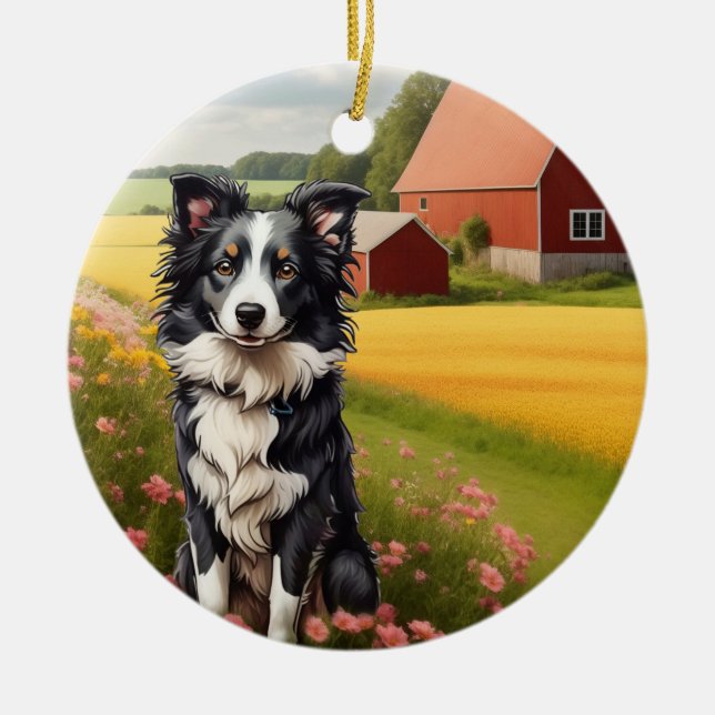 Border Collie på gård Julgransprydnad Keramik (Framsidan)