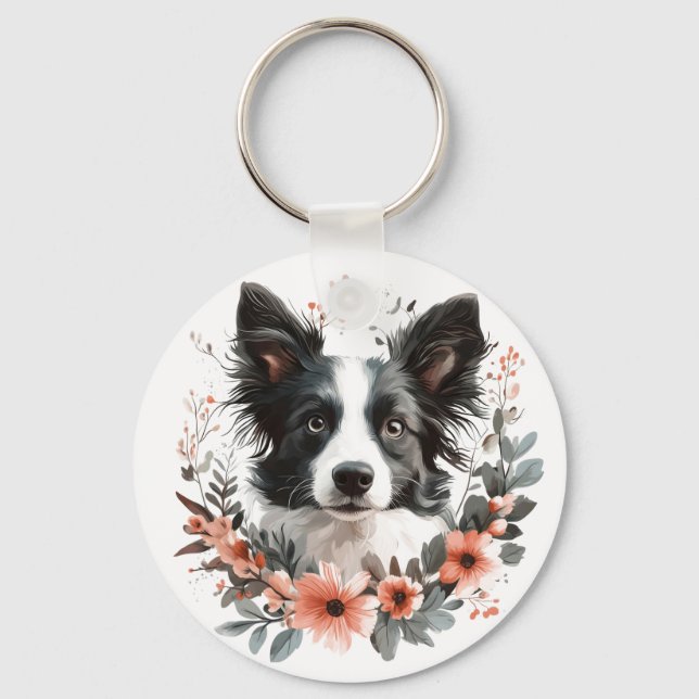  Border Collie-porträtt med blomster ram Nyckelring (Framsida)