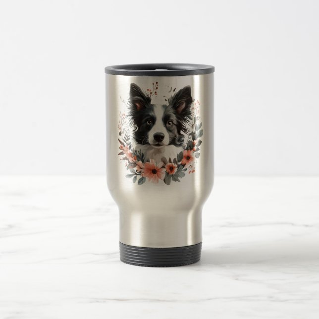 Border Collie-porträtt med blomster ram Resemugg (Center)