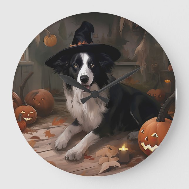 Border Collie Pumpak Halloween Skräckinjagande Stor Klocka (Framsida)