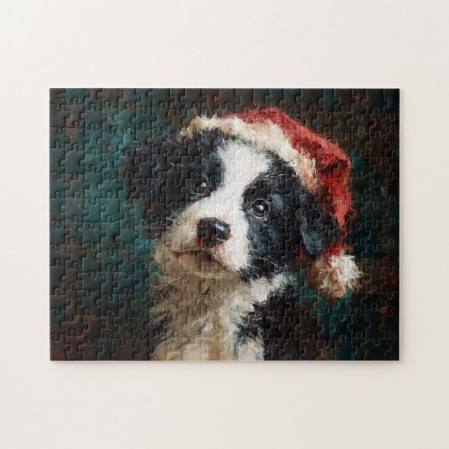 Border Collie Puppy Christmas Portrait Pussel (Horisontell)