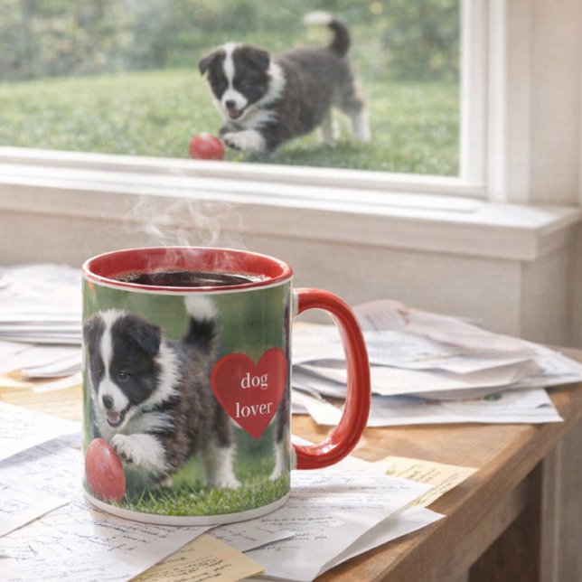  Border Collie Puppy with Red Ball Coffee  Mugg (Messy desk, loyal Border Collie pup this mug celebrates real dog‑lover mornings with heart and steam)