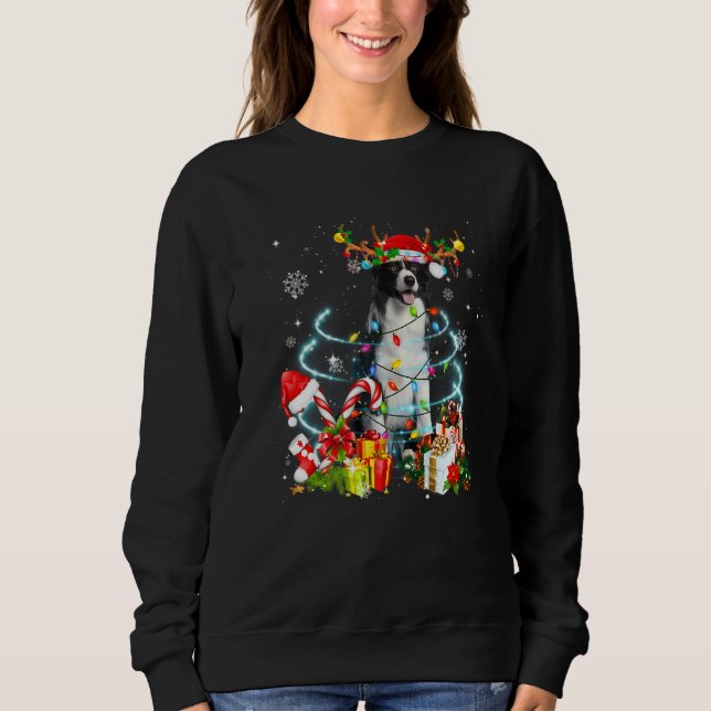 Border Collie Reindeer Christmas Tree Lights Pajam T Shirt (Framsida)