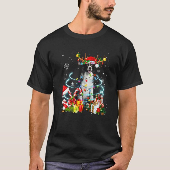 Border Collie Reindeer Christmas Tree Lights Pajam T Shirt (Framsida)