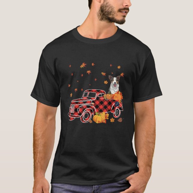 Border Collie Riding Leopard Plaid Truck Thanksgiv T Shirt (Framsida)