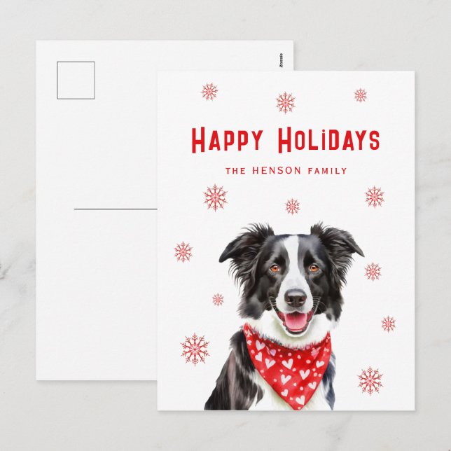 Border Collie Röd Hjärtbandana Jul  Helg Vykort (Fram/baksida)
