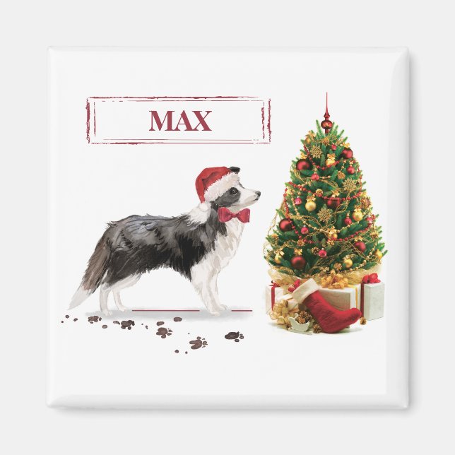 Border Collie Rolig Jul Hund med Träd Magnet (Framsidan)