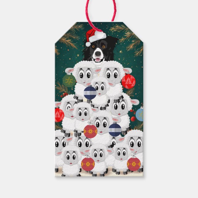 Border Collie Sheep Herding Christmas Tree Presentetikett (Framsidan)