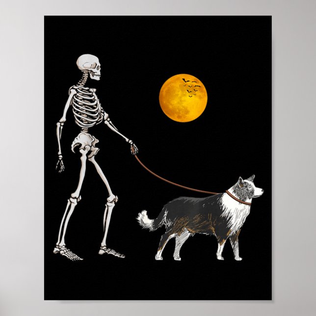 Border Collie Skelett Hund Promenad Halloween Poster (Framsidan)