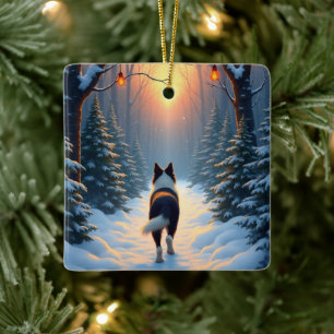 Border Collie Snöig Skog Promenad Julmålning Julgransprydnad Keramik