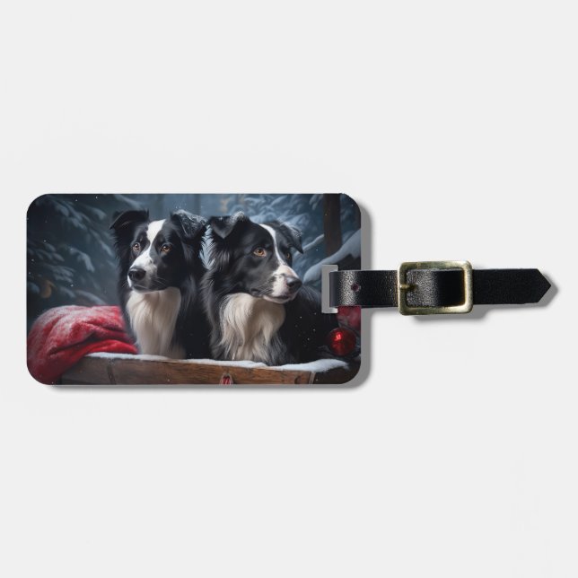 Border Collie Snowy Sleigh Juldekoration Bagagebricka (Horisontell Framsida)