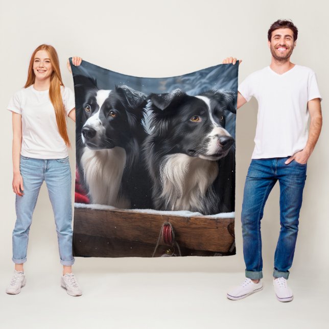 Border Collie Snowy Sleigh Juldekoration Fleecefilt (På plats)