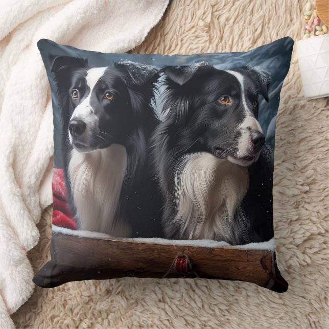 Border Collie Snowy Sleigh Juldekoration Kudde (Filt)