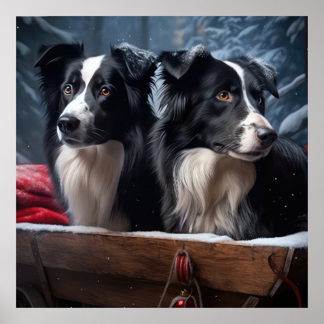 Border Collie Snowy Sleigh Juldekoration Poster (Framsidan)