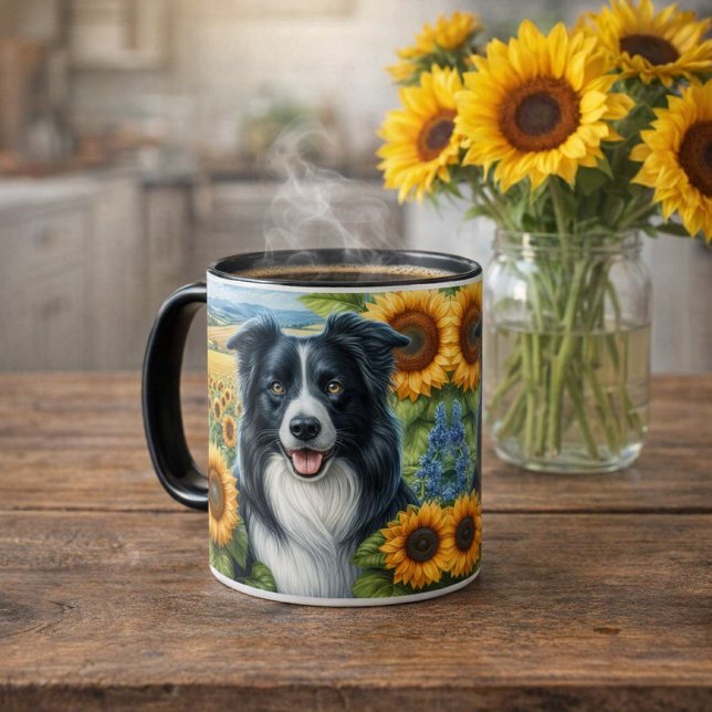 Border Collie Solros Gårdshus Kaffe Mugg (A ceramic mug features a cheerful Border Collie surrounded by golden sunflowers.   Gift Idea )