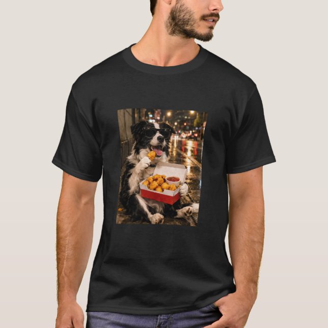 Border Collie som äter Chicken Nugget Meme Retro U T Shirt (Framsida)