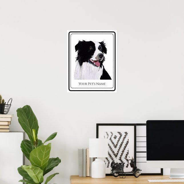 Border Collie Svart och Vitt Sällskapsdjur Hund Poster (Hemmakontoret)