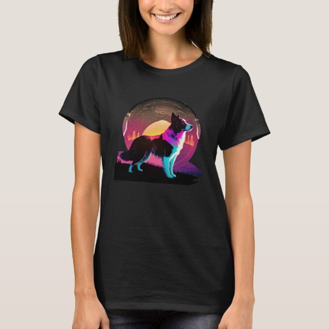 Border Collie Synthwave 80-tals Retrowave Estetik T Shirt (Framsida)