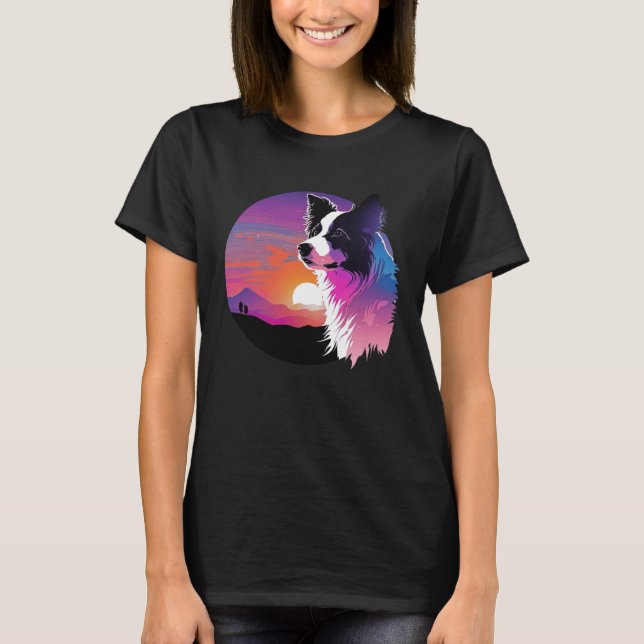 Border Collie Synthwave 80s Retrowave Aesthetic T Shirt (Framsida)
