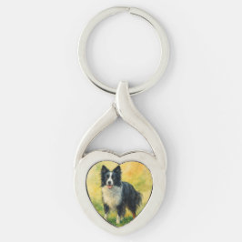 Border Collie Twisted Heart Silverfärgad Nyckelring