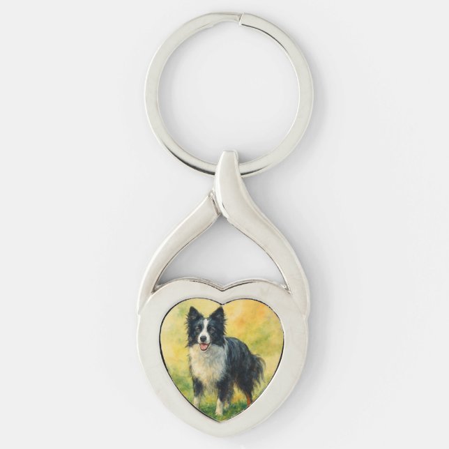 Border Collie Twisted Heart Silverfärgad Nyckelring (Framsidan)