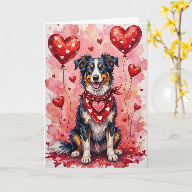 Border Collie Valentine’s Day Dog with Hearts Red Kort (Gul blomma)