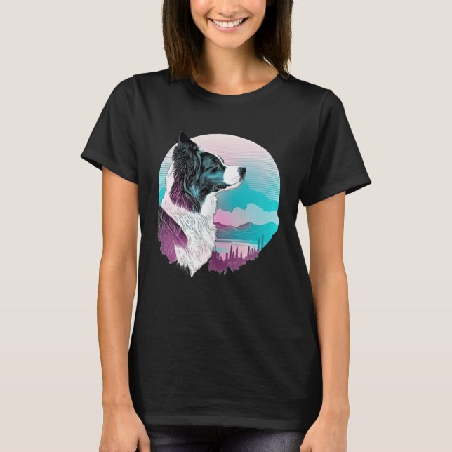 Border Collie Vaporwave Retrowave Aesthetic T Shirt (Framsida)