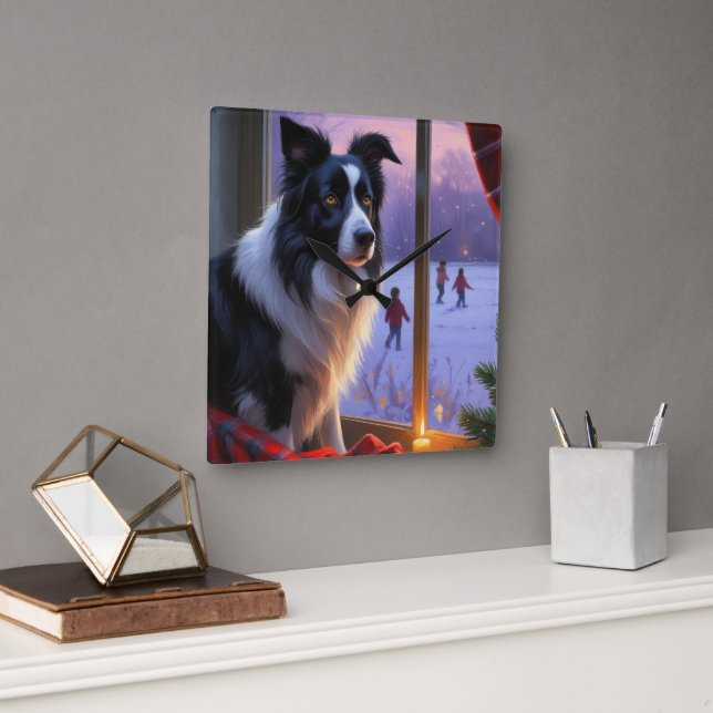 Border Collie With Christmas Lights Holiday Fyrkantig Klocka (Kontor)