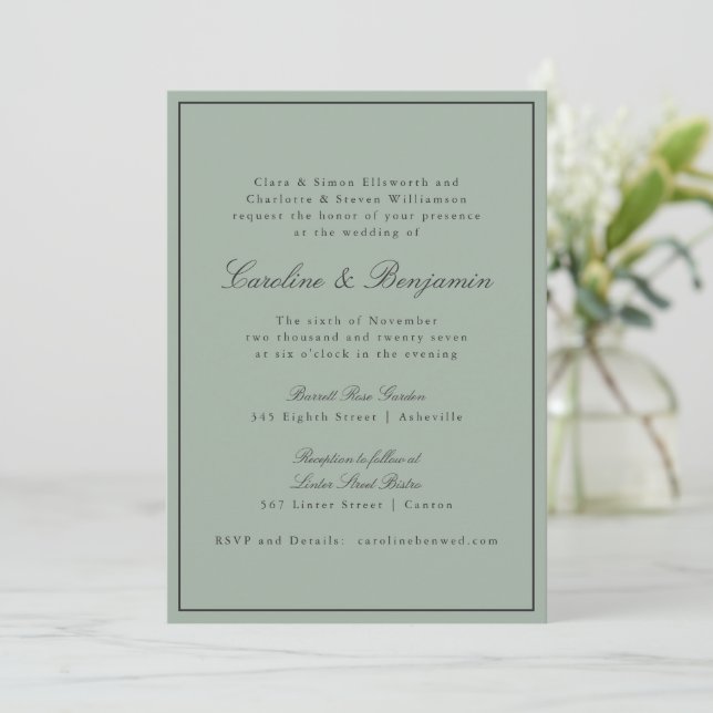 Border Script Elegant Bröllop Olivgrå RSVP Inbjudningar (Stående Fram)